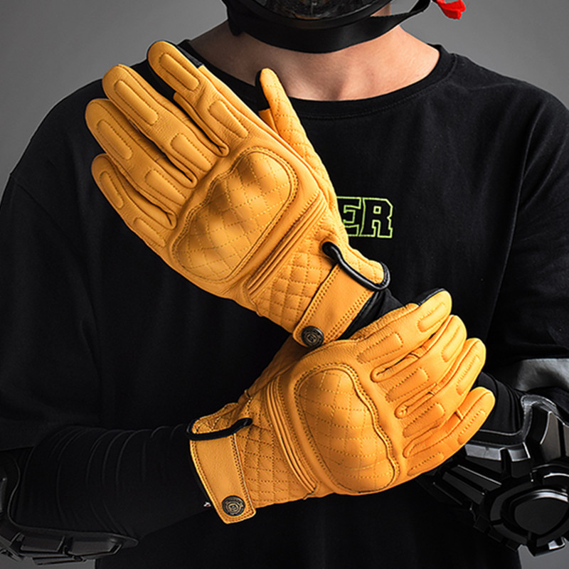 Motorcycle Gear Full Set - Retro Leder-Motorradhandschuhe Vollfingerhandschuhe Gelbe Motorrad-Rennhandschuhe Touchscreen-fähig